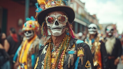 Vibrant and Lively Carnival with Colorful Masks Costumes and Performers Parading Through the Street