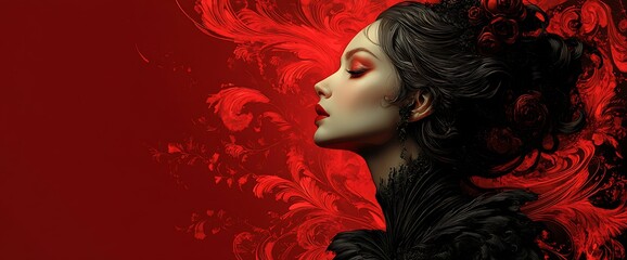 Fototapeta premium Elegant woman in profile against a red, floral background.