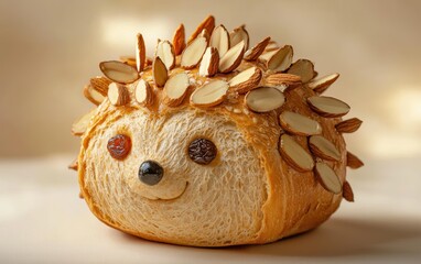 A bread roll crafted as a hedgehog, with almond slices for quills and raisins for eyes on a pastel beige backdrop