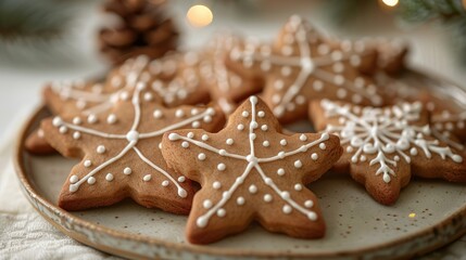 Delicious star-shaped gingerbread cookies with white icing, arranged on a plate. Festive holiday baking.