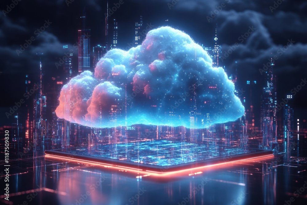 Poster futuristic digital cloud computing data transfer in cyberpunk style with neon lights