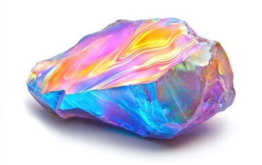 A bright opal crystal with swirling iridescent colors and a smooth surface isolated on white