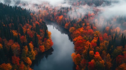 Aerial view of autumn forest with river and morning mist