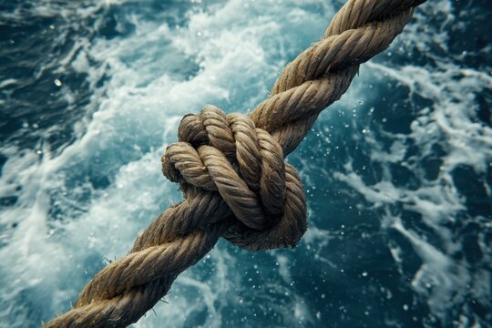 Thick rope knot against a churning ocean background