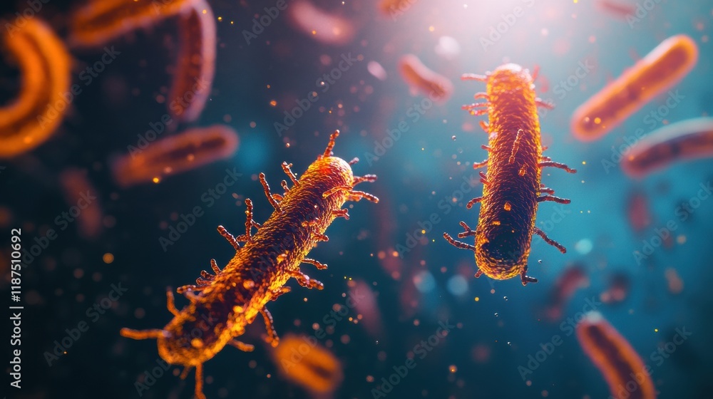 Poster swirling bacteria and microbes navigate through vibrant liquid environment filled with light. genera