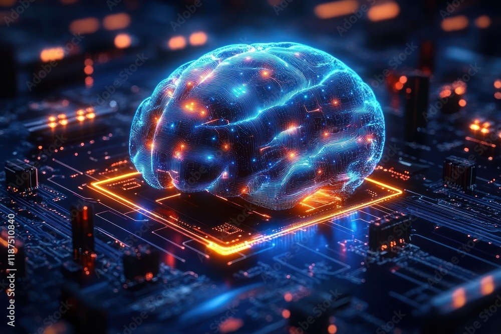 Poster futuristic digital brain on circuit board with cyberpunk influence for cloud computing and big data 