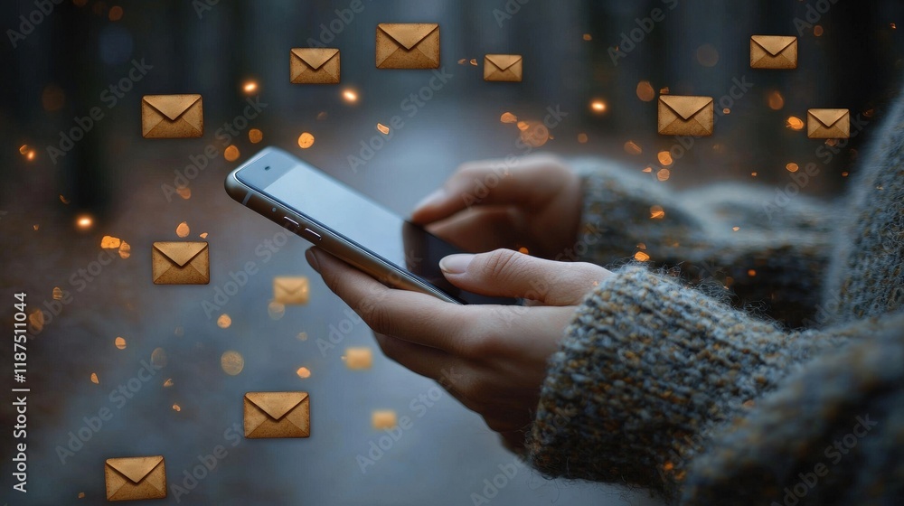 Poster a person uses a smartphone with email icons floating around. ideal for illustrating messaging apps, 