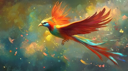 Obraz premium A vibrant phoenix soaring through a colorful sky.