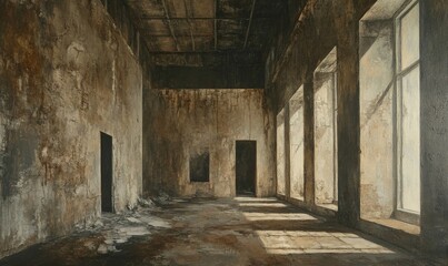 Fototapeta premium Muted, textured walls with a mix of grey and brown hues, resembling an old, abandoned building, architecture, brown, texture
