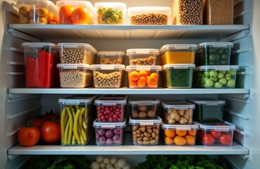 Organized refrigerator interior various fresh produce, foods in clear plastic containers. Healthy food storage solutions. Assorted fruits vegetables nuts, legumes. Home kitchen organized. Neat, tidy