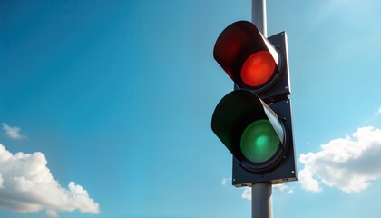 Traffic light shows green, red. Clear sky. Sunny day. Bright colors. Traffic light. Stoplight. Red light. Green light. Sunny. Clear. Day. Politics. Government. Choice. Coalition. Cooperation.