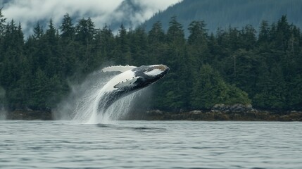 Fototapeta premium A humpback whale breaching with dramatic water spray under the clear afternoon sky.