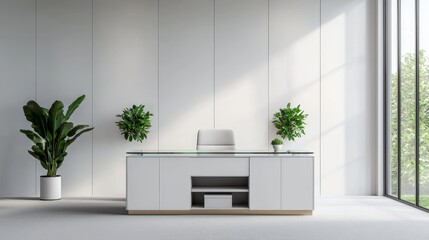 Furniture trendy luxury and innovative, A minimalist office featuring a sleek desk, plants, and large windows, creating a bright and airy workspace.