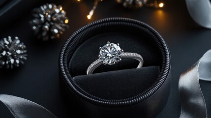 Fototapeta premium A luxury diamond ring in an open box with ribbons and decorative accents around it.