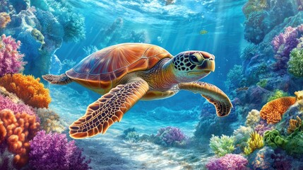 Obraz premium A majestic sea turtle gliding through clear waters near a vibrant coral reef.