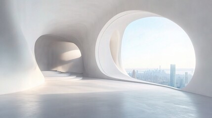   Architectural Abstraction: A futuristic architectural design features a bright, open interior with smooth, flowing lines, offering a stunning view of a cityscape.