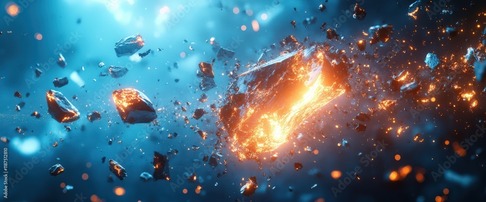 Poster fiery asteroid explodes in space, debris field.