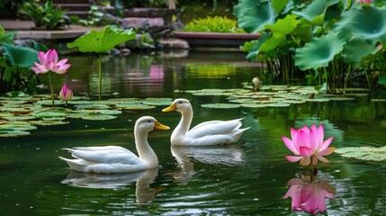 A natural lotus pond with ducks swimming and blooming flowers adding to the beauty.