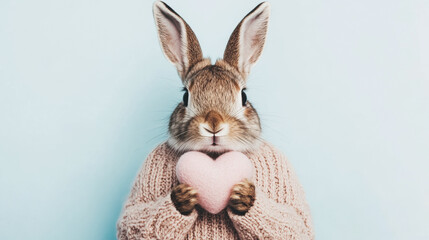 Obraz premium Adorable rabbit wearing a cozy sweater, gently holding a pink heart against a vibrant blue backdrop, creating a heartwarming and charming scene