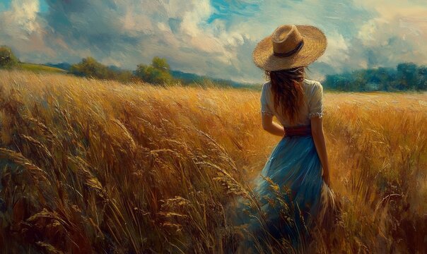 Mujer con choclos y sombrero de paja en el campo, campo abierto, naturaleza, paisaje