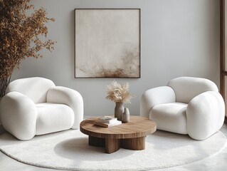 Minimalist Interior with Modern Armchairs and Circular Coffee Table in Scandinavian Design