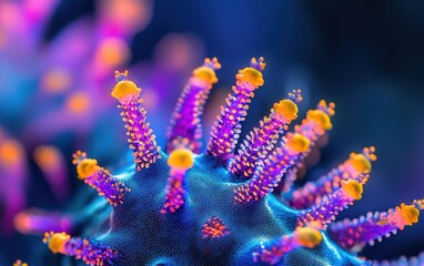 Fototapeta premium A close-up view of a virus particle under a microscope, with vibrant colors showcasing its dangerous spikes