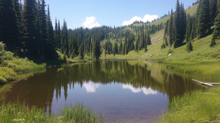 A pristine natural pond in a quiet forest, reflecting tall green trees.