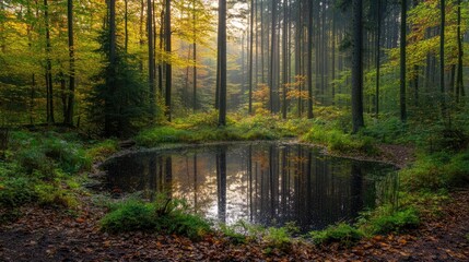 Fototapeta premium A quiet pond in a dense forest, with soft light creating a dreamy atmosphere.
