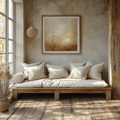 Rustic Wooden Bench with Cushions in Cozy Scandinavian Hallway Interior Design