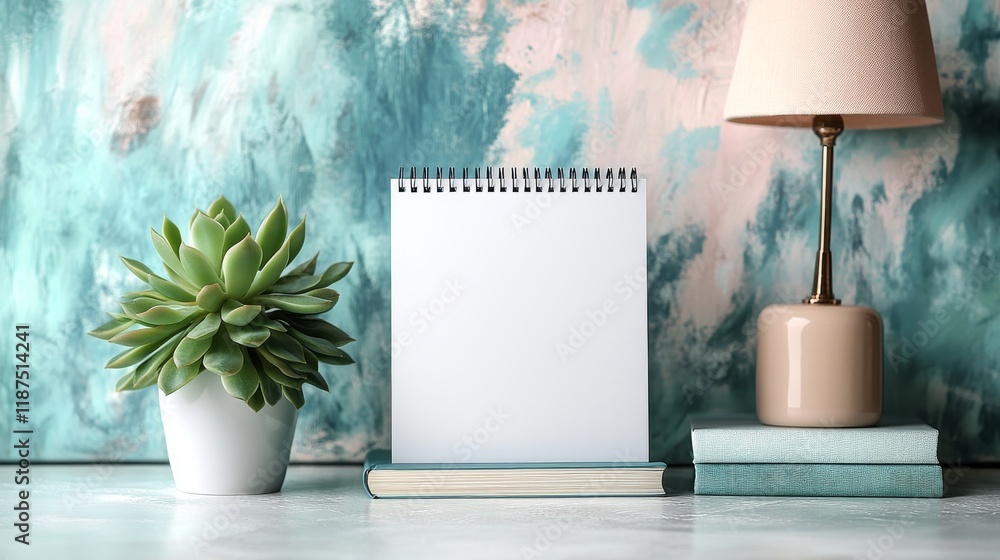 Poster creative workspace setup with blank notepad, succulent, lamp and books against abstract art backgrou