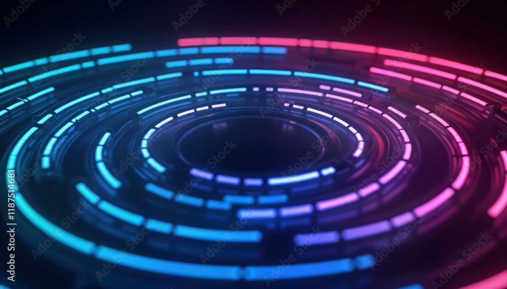 Poster abstract illustration of concentric circles with glowing neon lines in vibrant blue, purple hues. dy