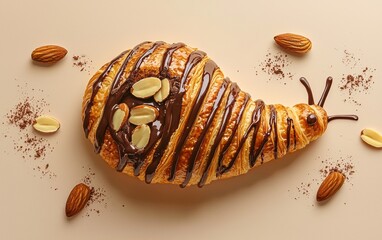A croissant styled as a snail, with chocolate drizzle forming the shell spiral and almond slices for eyes on a pastel beige background