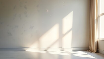 Obraz premium Empty room with sunlight streaming through window. Beige curtain hangs near window. Light shadows on light-beige wall. Light parquet floor visible. Mockup for home design ideas. Creative studio