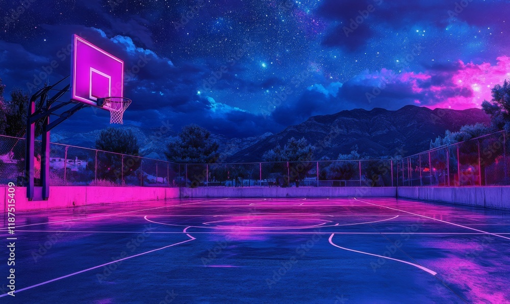 Sticker Neon Lit Basketball Court Under A Starry Night Sky