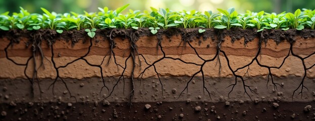 Panorama of soil layers cross section. Roots penetrate various soil types. Visible layers show earth structure. Plants grow on top soil. Dry earth areas deep cracks. Natural environment. Natural