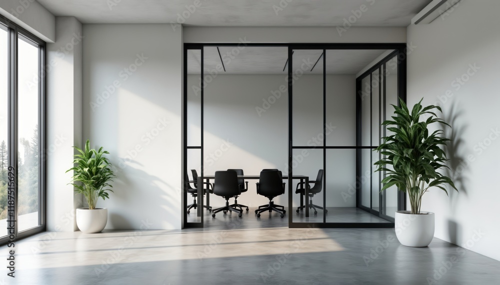 Poster modern minimalist office hallway features large window view of empty meeting room beyond. white wall