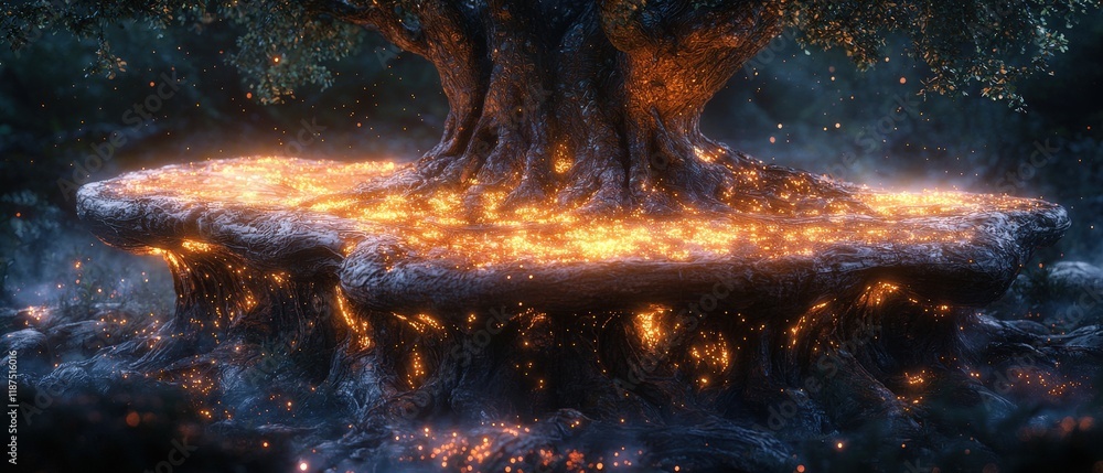 Poster a mystical tree with glowing embers embedded in its roots and trunk creates a magical atmosphere. id