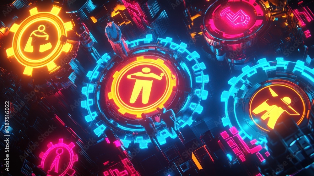 Poster futuristic interface with colorful icons and gears.