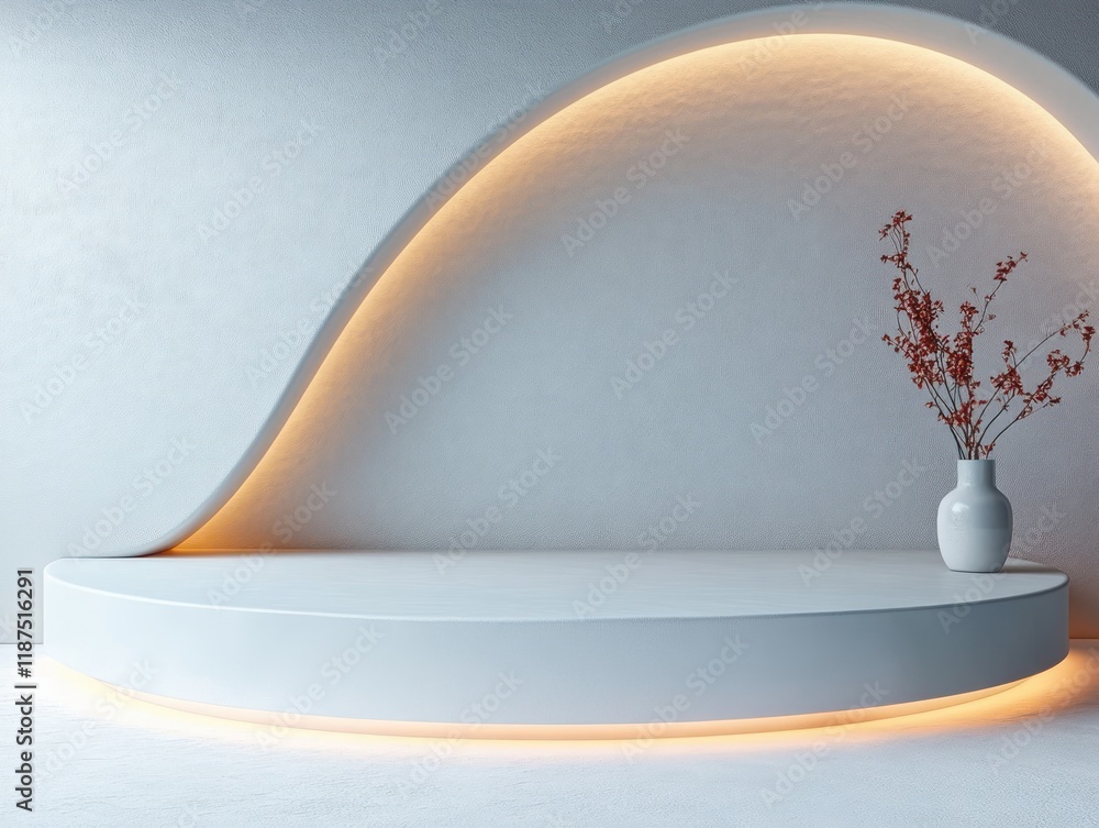 Poster minimalist abstract geometry showcase platform with soft curves and ambient lighting for product pre