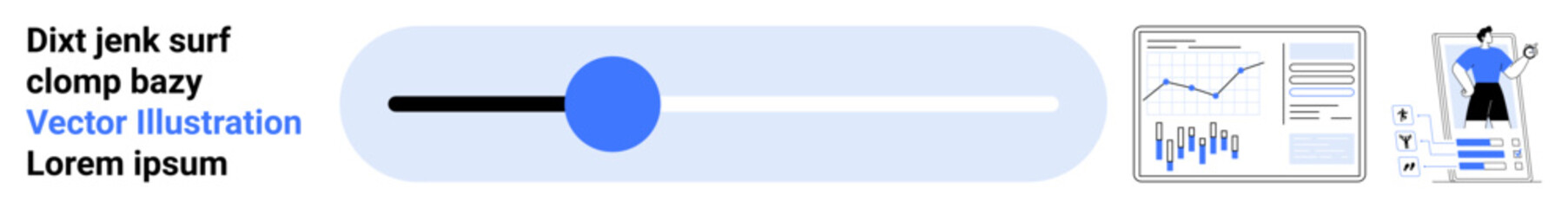 Obraz premium Blue slider control, data visualization with charts and graphs, online shopping with mobile device. Ideal for web design, UIUX, data analytics, e-commerce, statistics, tech interfaces, landing page