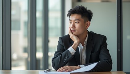 A young Asian man in a sharp suit sits thoughtfully at a desk, gazing out of a large window. His expression reflects deep contemplation, suggesting he is pondering important decisions or future plans