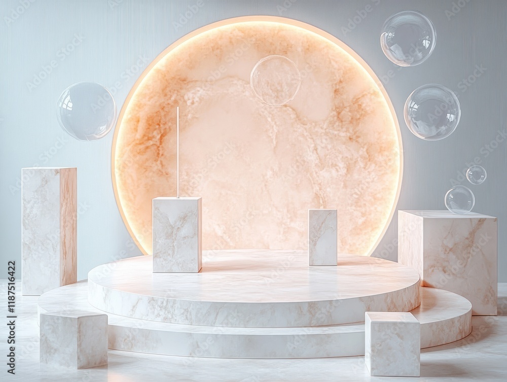 Poster minimalist display setup with circular frame and marble blocks for product presentation