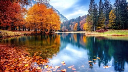 Fototapeta premium A still forest pond with clear water and colorful autumn leaves floating.