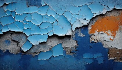 Weathered Texture of an Aged Concrete Wall with Peeling Blue Paint Urban Decay Meets Natures Grace in a Gritty, Vibrant Cityscape.