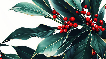 Detailed close-up of vibrant holly leaves with bright red berries against a clean white background, showcasing festive holiday colors. Brightshade. Illustration