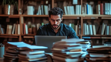 Focused man working on laptop amidst stacks of papers and books in a library setting.
