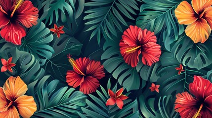 A tropical background with red and orange hibiscus flowers and green foliage.