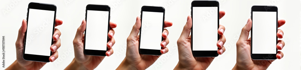 Poster hands holding various smartphones with blank screens against white background. different hand positi