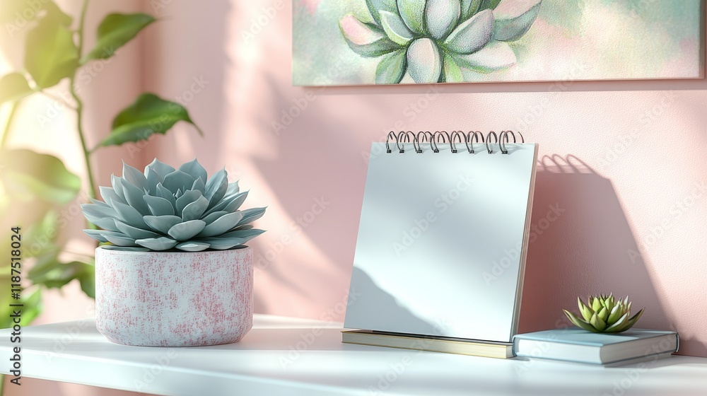 Poster a serene workspace featuring a pastel pink backdrop a potted succulent a blank notepad and soft natu