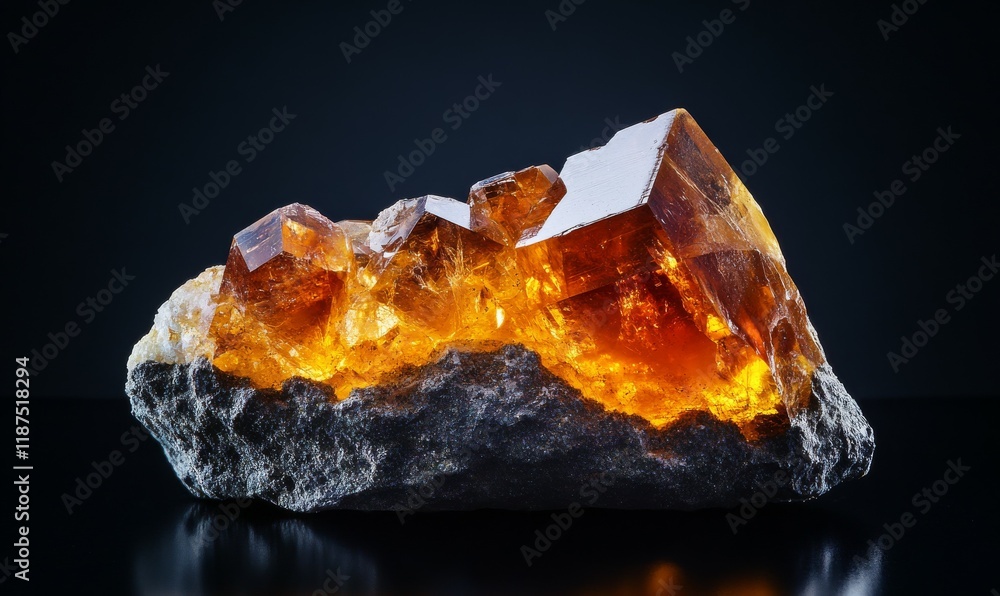 Poster quartz crystal formation with reflection on black support and background mineral quartz made of sili